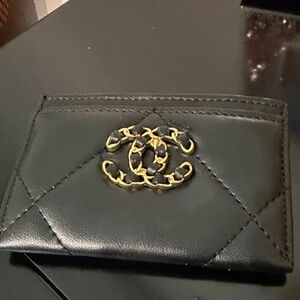 Black Quilted Card Holder with Gold Logo